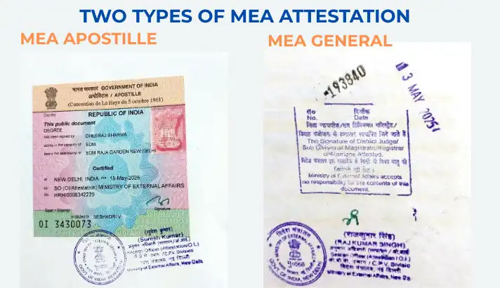 Two types of MEA attestation in India – Apostille and General with official stamp examples