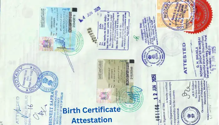Attested Indian birth certificate with MEA, Notary, and Embassy stamps for visa and immigration use from Chennai, Tamil Nadu.