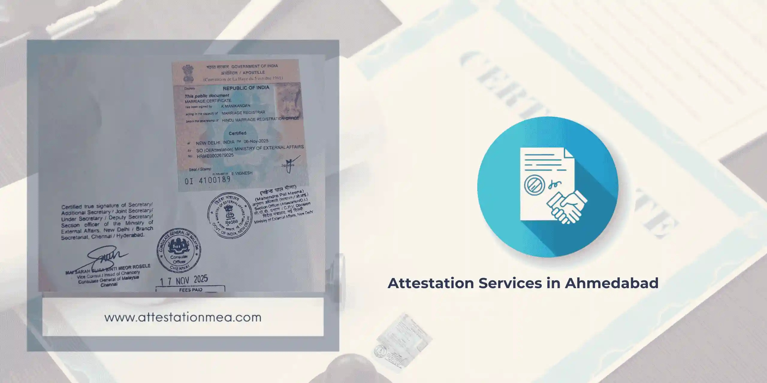 Attestation services in Ahmedabad sample document with MEA apostille and embassy legalization