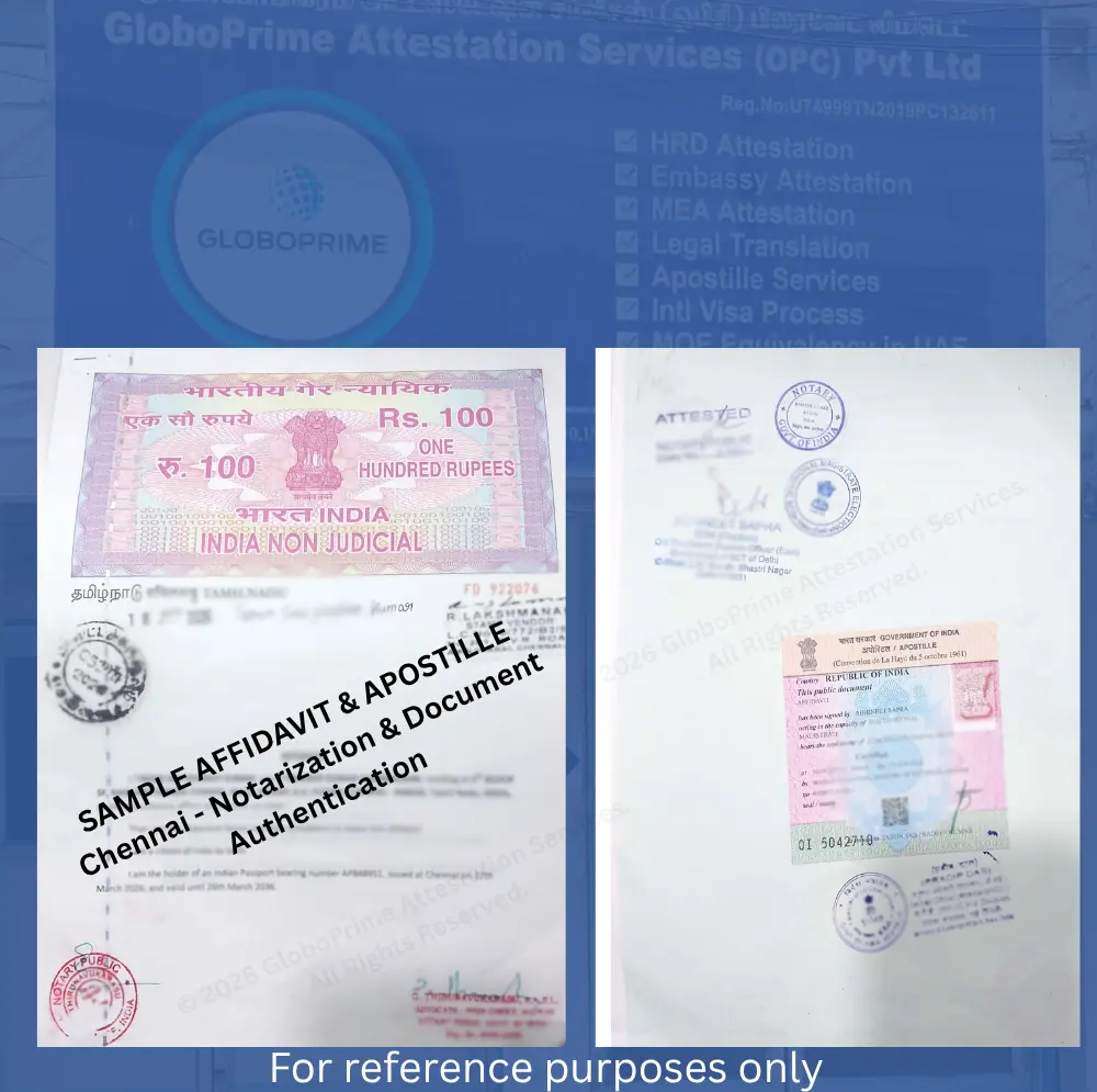 Sample affidavit and apostille document in Chennai